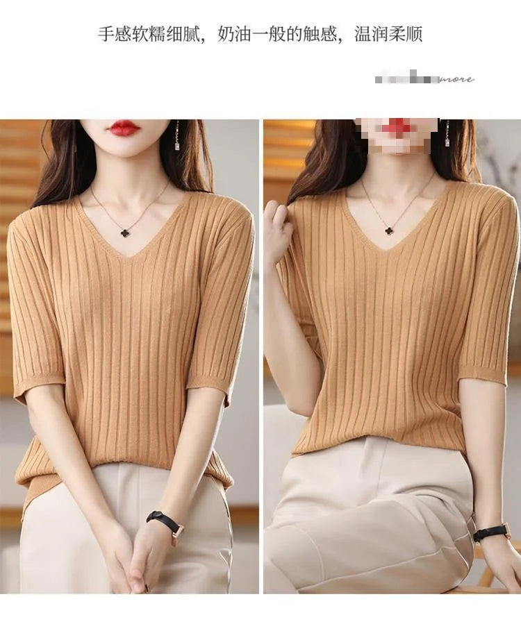 2023 New Spring Summer New Women's V-neck Short-Sleeved Exquisite Cashmere Knitted Sweater Pullover Solid Color