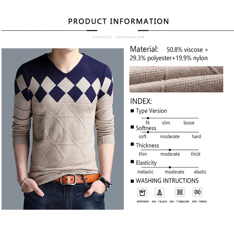 BROWON Autumn Vintage Sweater Men Collarless Sweater Christmas Sweaters Fashion V-neck Casual Slim Sweaters Men for Business