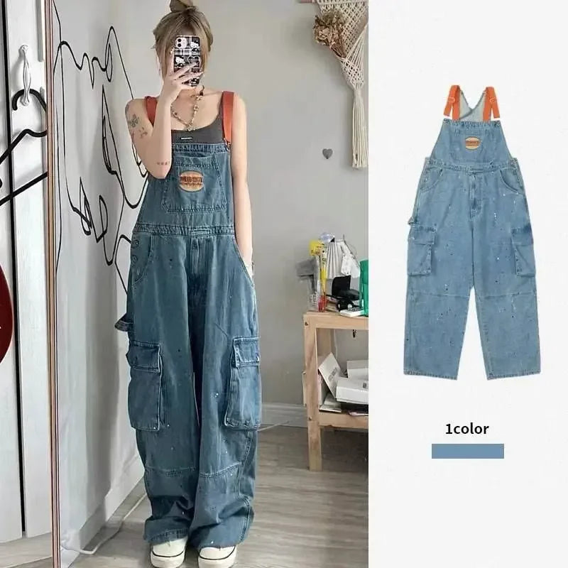 Cool girl style denim strap jumpsuit with embroidery and pockets for women, autumn/winter collection.