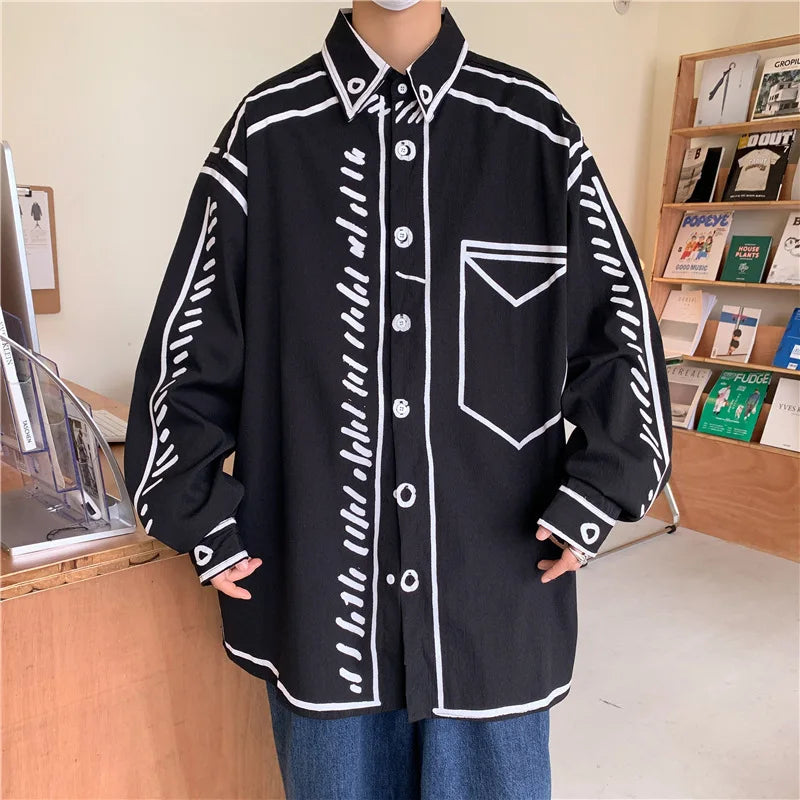 Graffiti Print Shirts Men Long Sleeve Harajuku Japanese Streetwear Preppy Designer Casual Loose Summer Couple Clothes Camisas