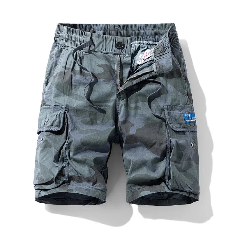 Men's green camouflage military cargo shorts, casual summer style, Lance Donovan cotton knit, size 29 to 38.