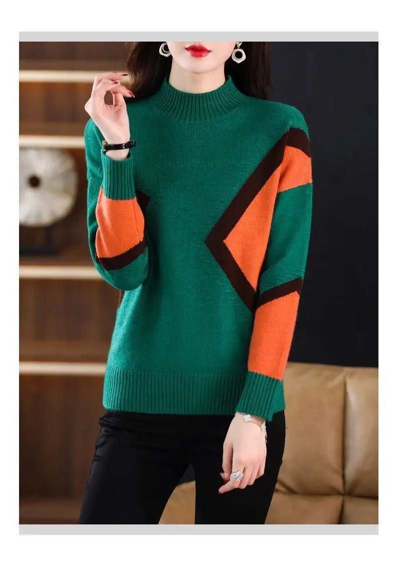 Velvet and Thickened Women's Top 2024 New Autumn/Winter Korean Edition Color Block Knitted Half High Neck Sweater