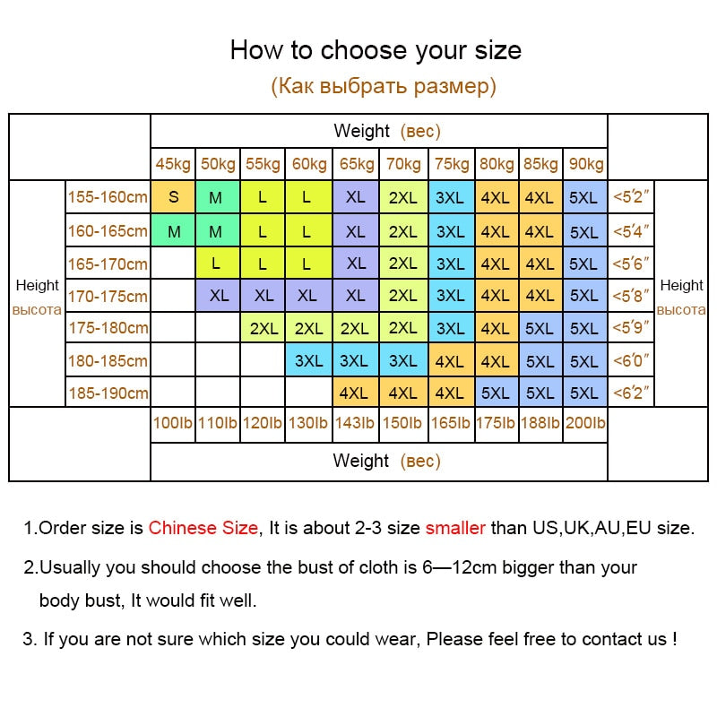 Size chart for men's Fashion Graffiti men's hoodies T-shirt, showing height and weight guidelines for selecting the correct Chinese size compared to Western sizes.