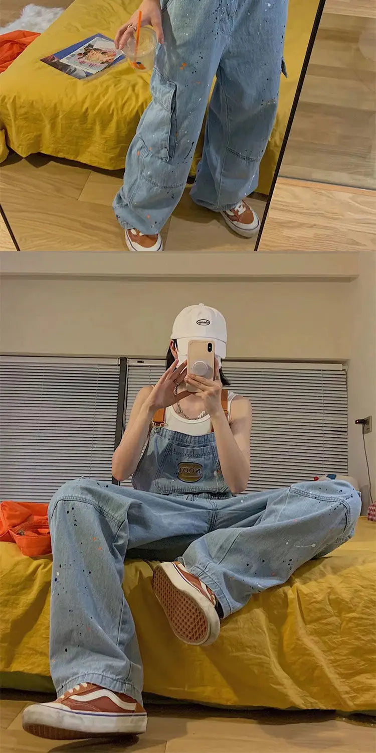 Cool Girl Style embroidered denim strap jumpsuit for women, streetwear fashion, full-length loose fit.