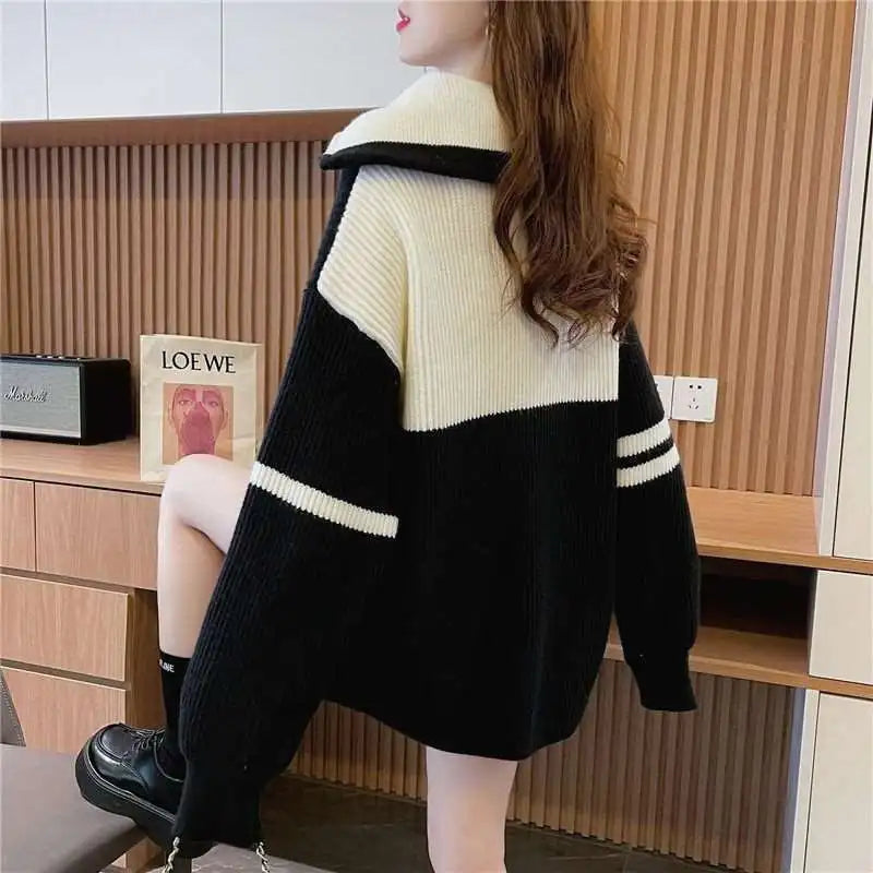 Autumn Winter New Fashion High Collar Long Sleeve Patchwork Color Blocking Pullover Women's Clothing Zipper Korean Knitting Tops