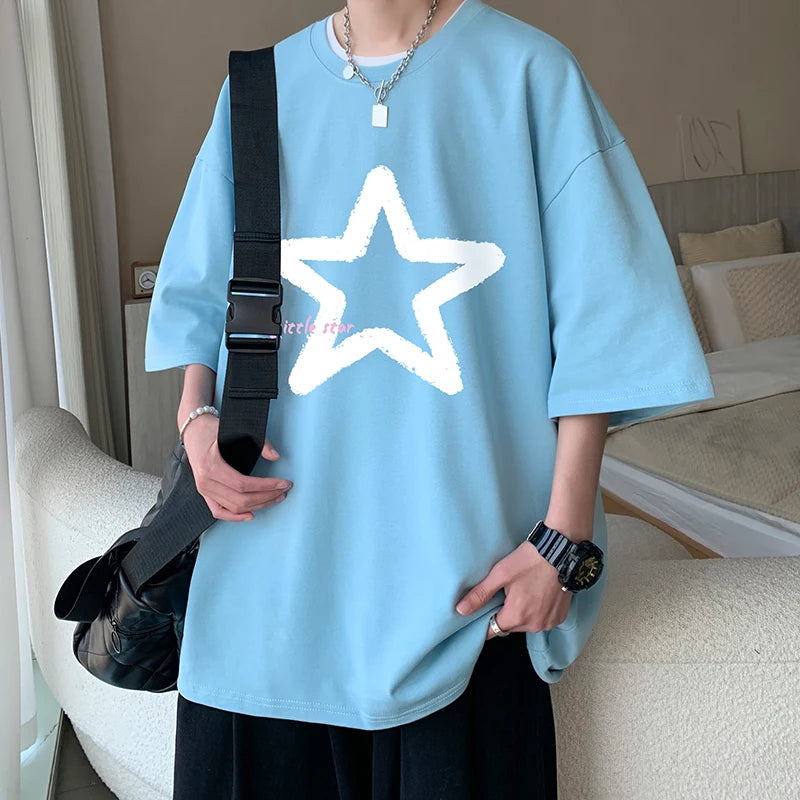 Little Star Printed Men's T Shirt Summer Fashion Casual Short Sleeve Tee Tops Mens Cotton Linen Oversized Hip-Hop T-shirt 5XL