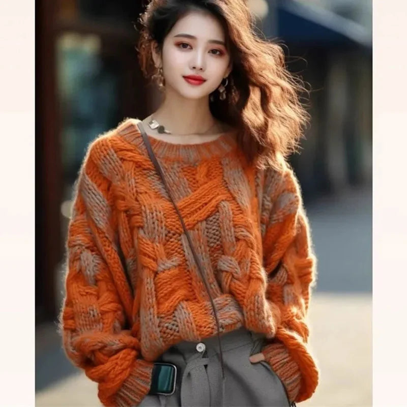 Korean Women Long Sleeves Xiaoxiangfeng Knitwear Winter Ladies Pullover Knitting 2024 Female Loose Fitting Thick Thread Sweater