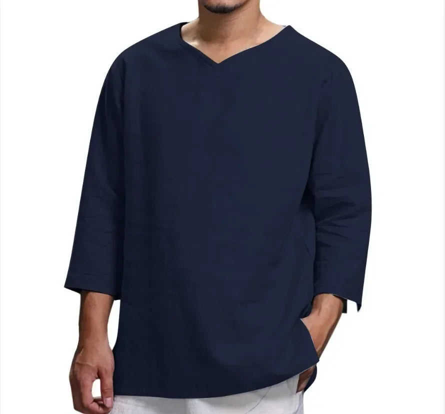 Men's long-sleeved cotton linen shirt, solid color, V-neck casual beach style, MOONBIFFY.