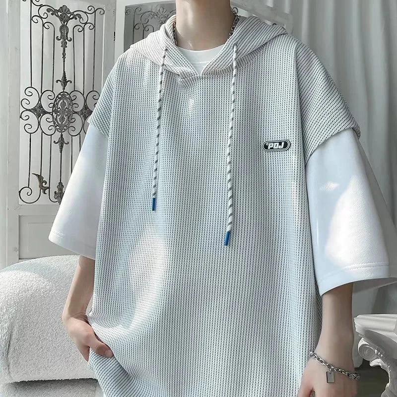 Summer waffle hooded short sleeve t-shirt in Korean Y2K streetwear style, oversized and casual for men.