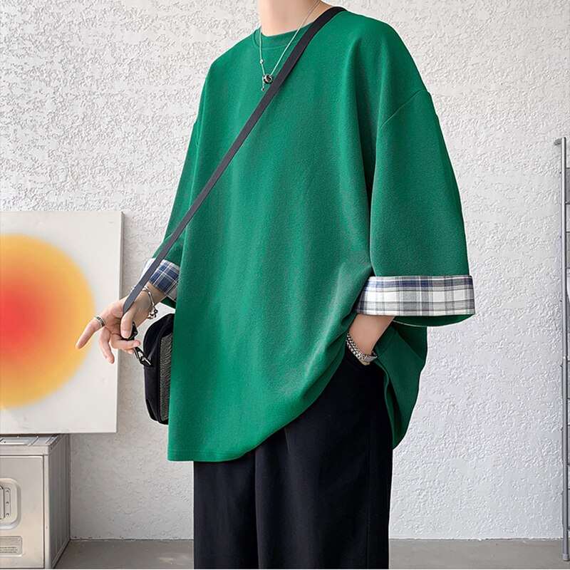 Oversized green plaid T-shirt with seven-quarter sleeves, Korean style, casual fit for spring and summer.