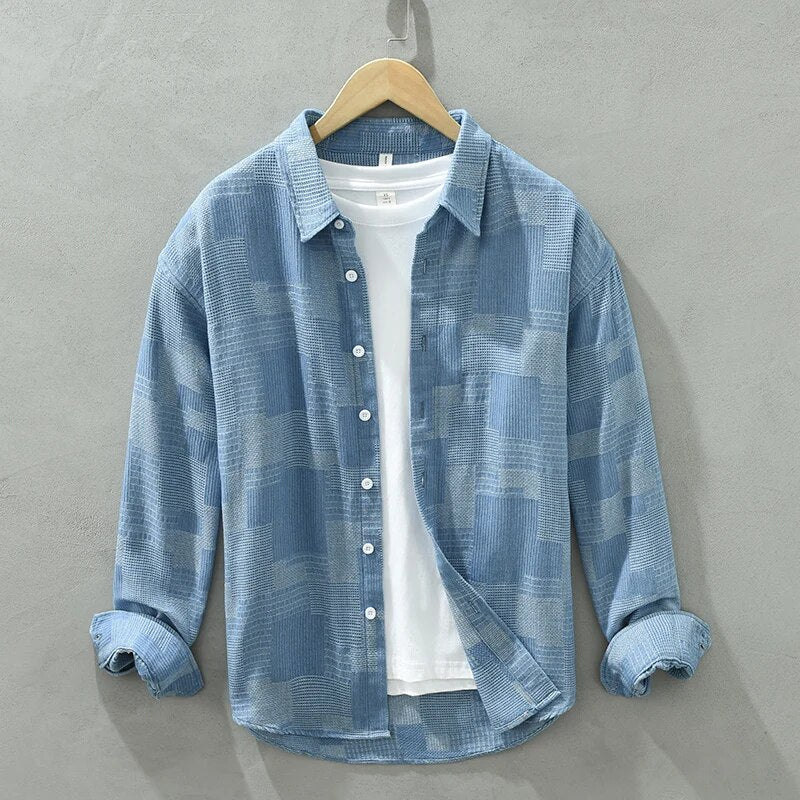 Vintage patch shirt for men, autumn winter, pure cotton, long sleeve, turn-down collar, solid casual clothing, blue.