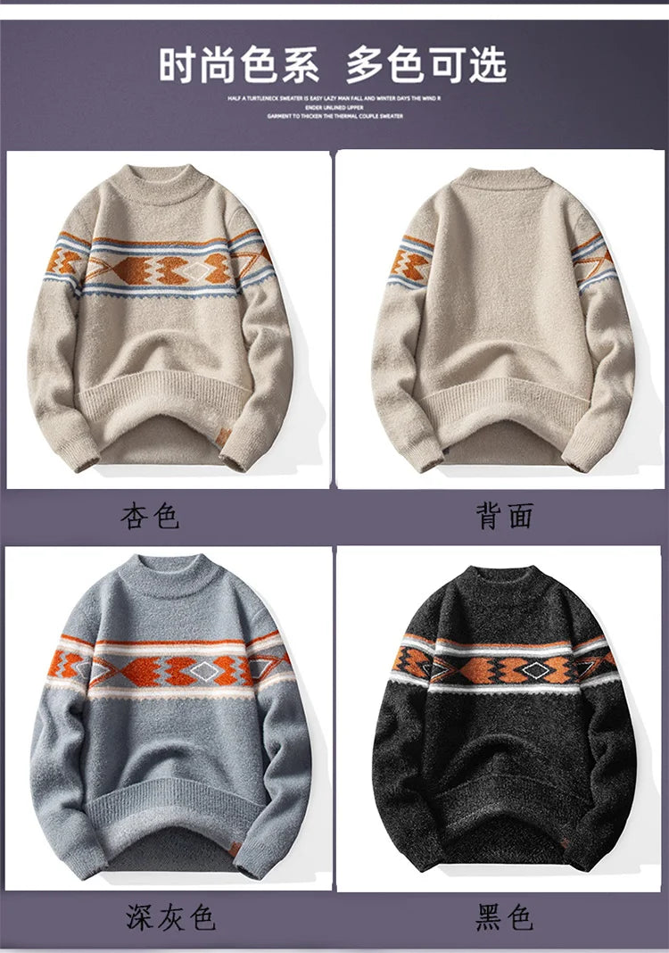 Autumn Winter Men Sweater Vintage Mock Neck Mens Knitted Pullovers Thicken Loose Harajuku Mens Retro Knitting Pullover Sweaters