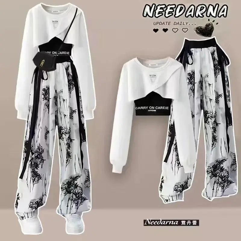 Trendy Korean design women's autumn set with long-sleeved top, tank top, and ink-printed wide-legged pants.