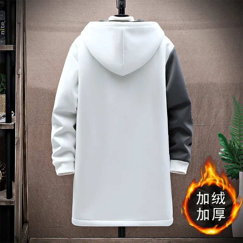 2023 men's winter jacket, casual thick hooded trench coat in white and gray, fashion trend style.