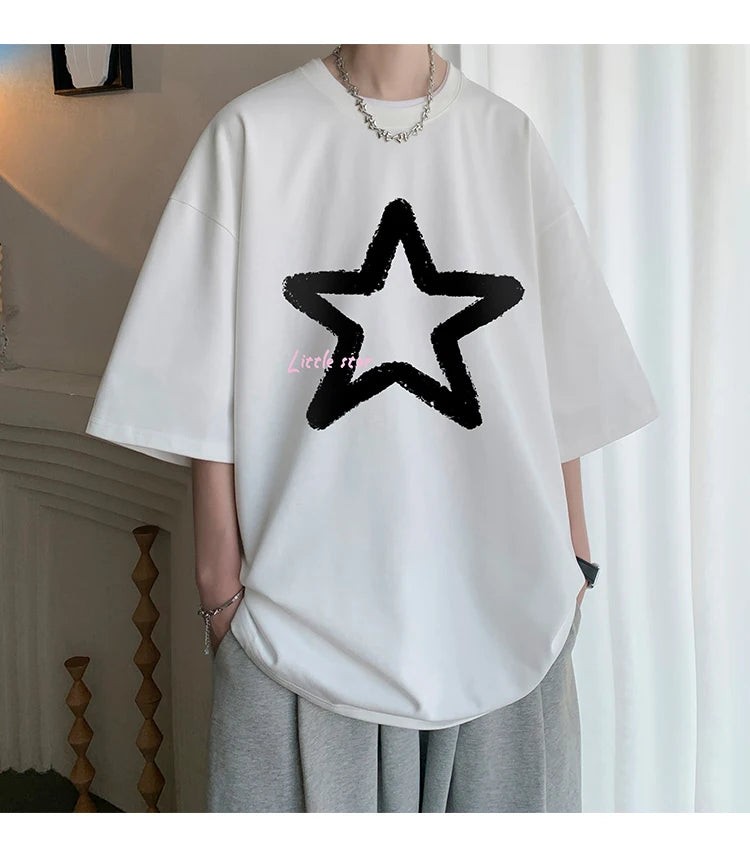 Little Star Printed Men's T Shirt Summer Fashion Casual Short Sleeve Tee Tops Mens Cotton Linen Oversized Hip-Hop T-shirt 5XL