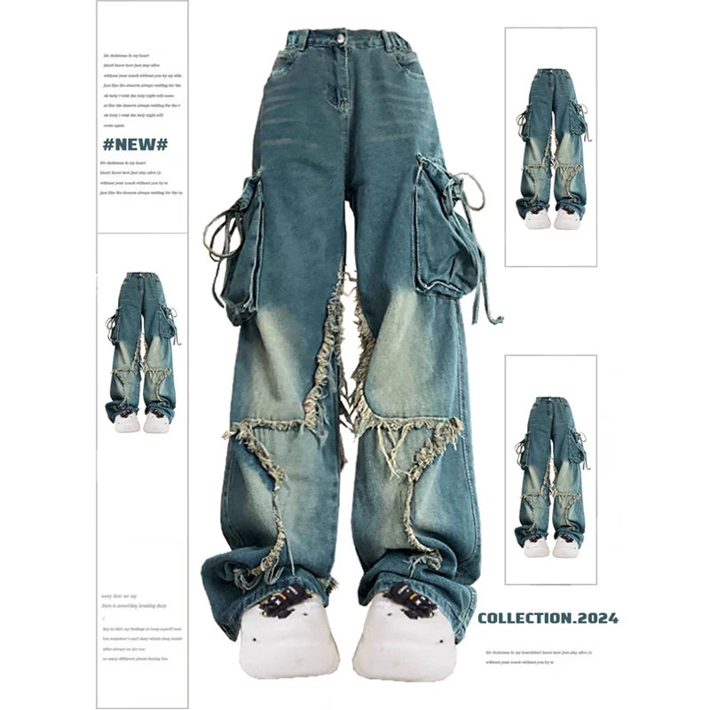 Women Blue Cargo Jeans Baggy Vintage 90s Aesthetic High Waist Cowboy Pants Harajuku Denim Trousers Y2k Trashy 2000s Clothes 2024