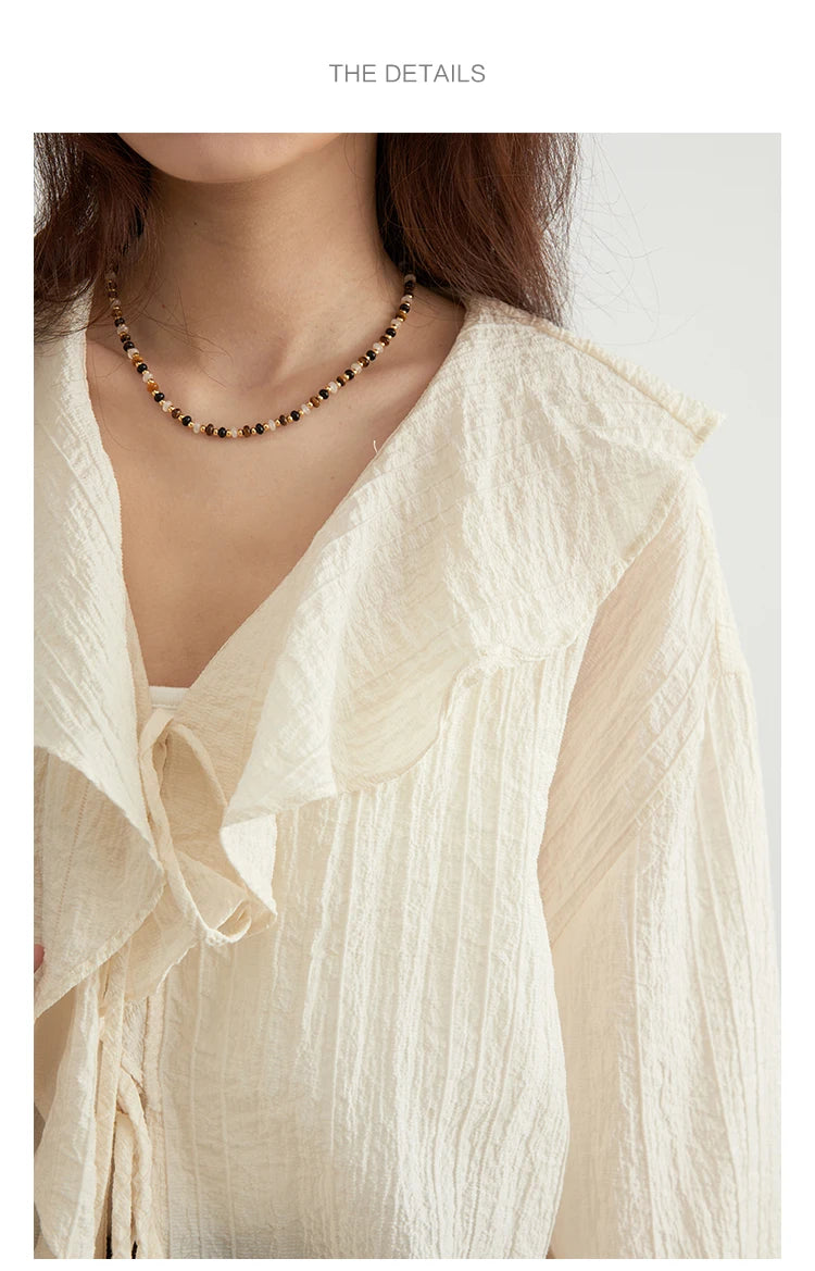 CHIC VEN Women Shirt Loose Casual Ruffled Edges Female Blouses V Neck Lace Up Mid Length Woman Shirts Spring Summer 2024