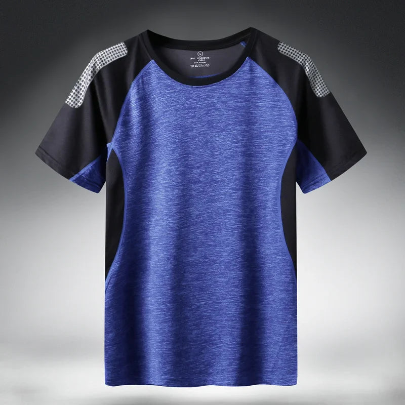 Quick Dry Sport T-Shirt for Men, 2024 short sleeves, summer casual, cotton blend, in blue and black patchwork.