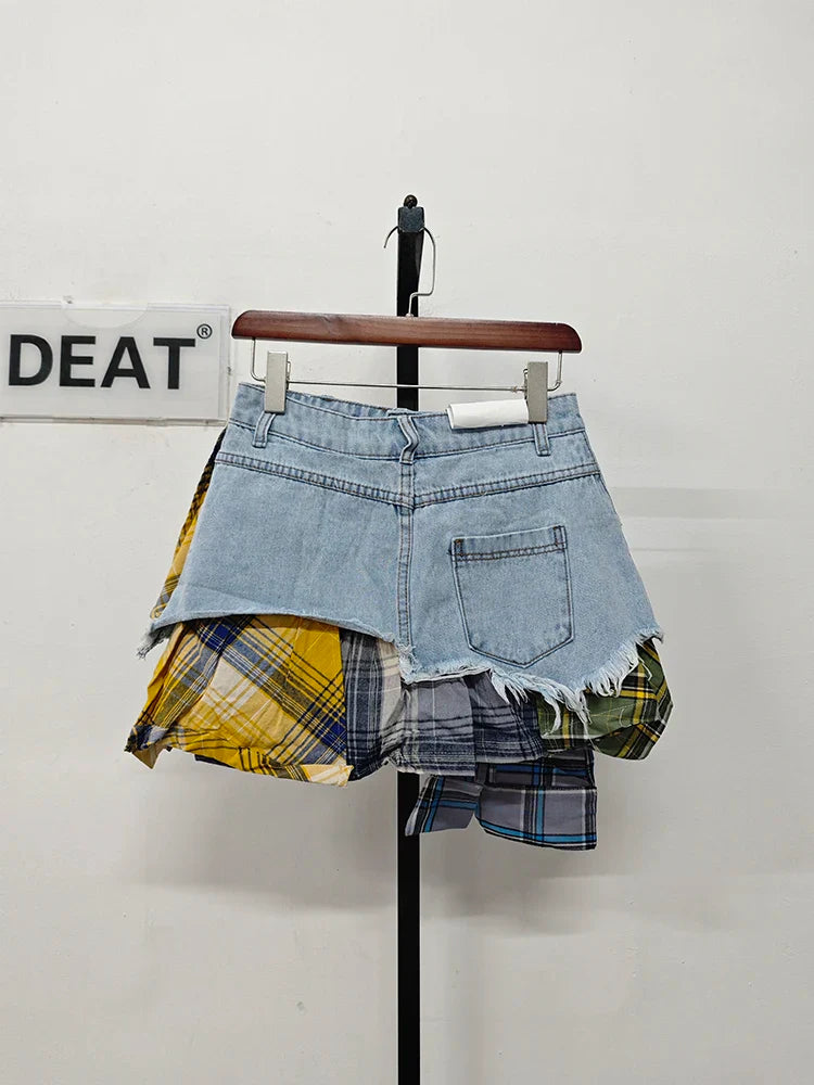 DEAT Women's denim skirt with colored plaid patchwork, irregular deconstructed A-line high waist mini design.