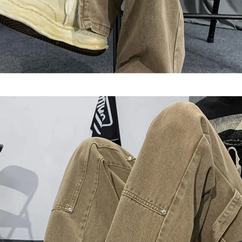 2023 American Style Spring Autumn Straight Pants Male High Street Y2K Rivet Zipper Split Casual Trousers Personality Streetwear