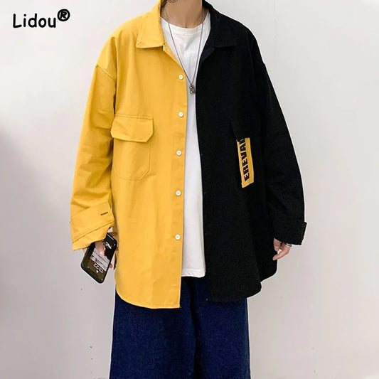 LIDOU oversized men's shirt coat with flip collar, contrast patchwork design, and long sleeves for autumn leisure.