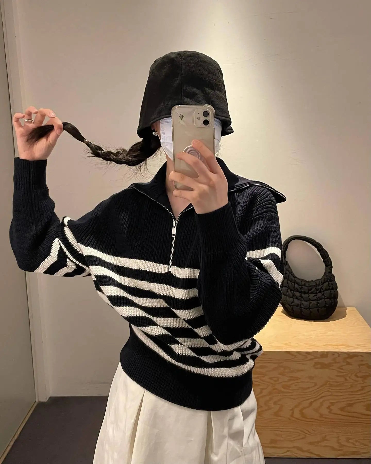 Women's Turtleneck Loose Lapel Striped Knitwear Women Pulovers New Simplicity Half Zipper Casual Fashion Women Sweaters 2024