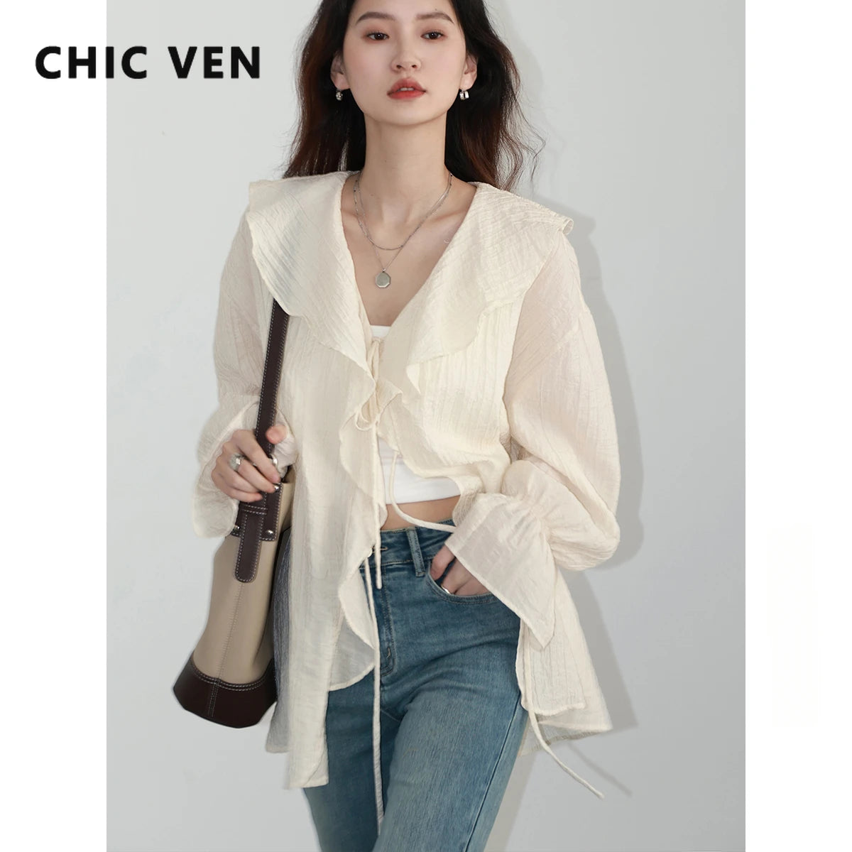 CHIC VEN Women Shirt Loose Casual Ruffled Edges Female Blouses V Neck Lace Up Mid Length Woman Shirts Spring Summer 2024