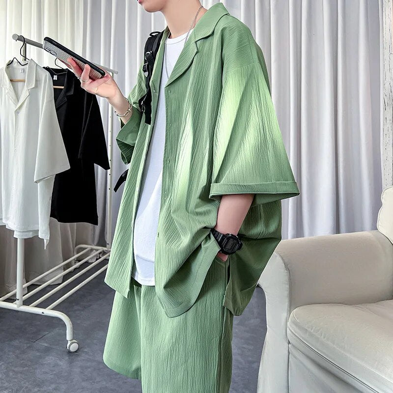 Korean style men's oversized short sleeve shirt and shorts set in green, perfect for summer fashion.