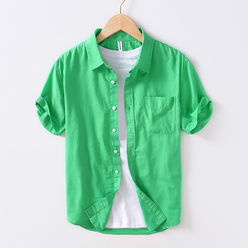 Japanese men's solid color casual short-sleeved cotton linen shirt, artistic and breathable.