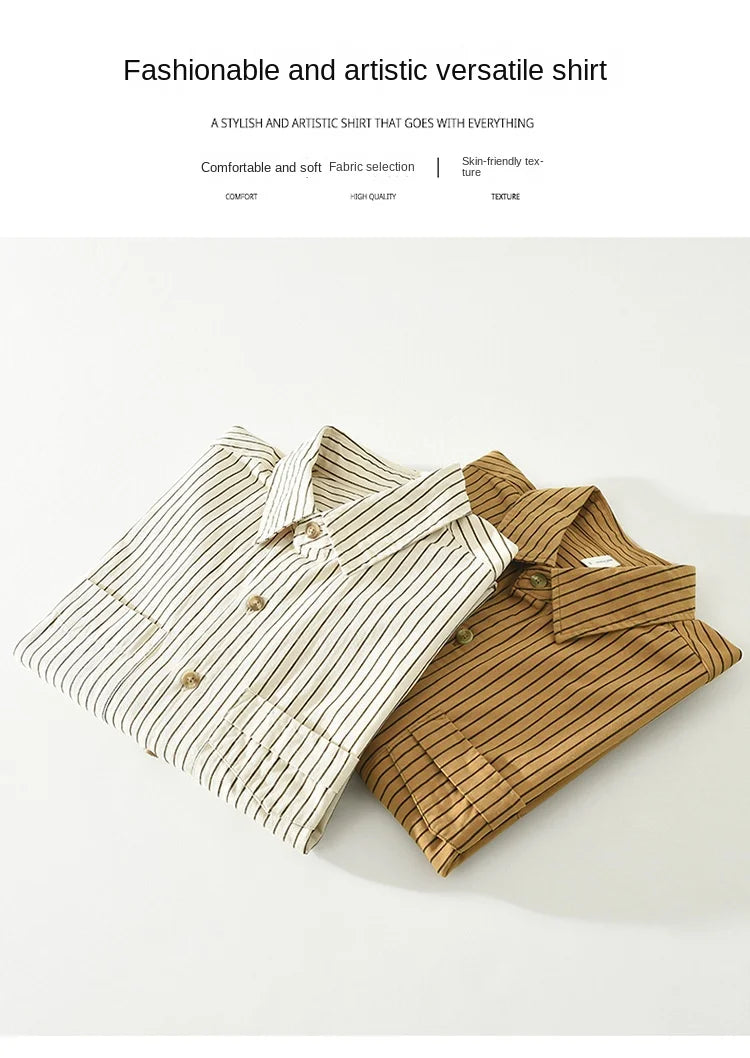 2024 Spring New 100% Cotton Simple Striped Long Sleeve Shirts for Men Clothing Solid Color Loose Soft White Shirt CM6968