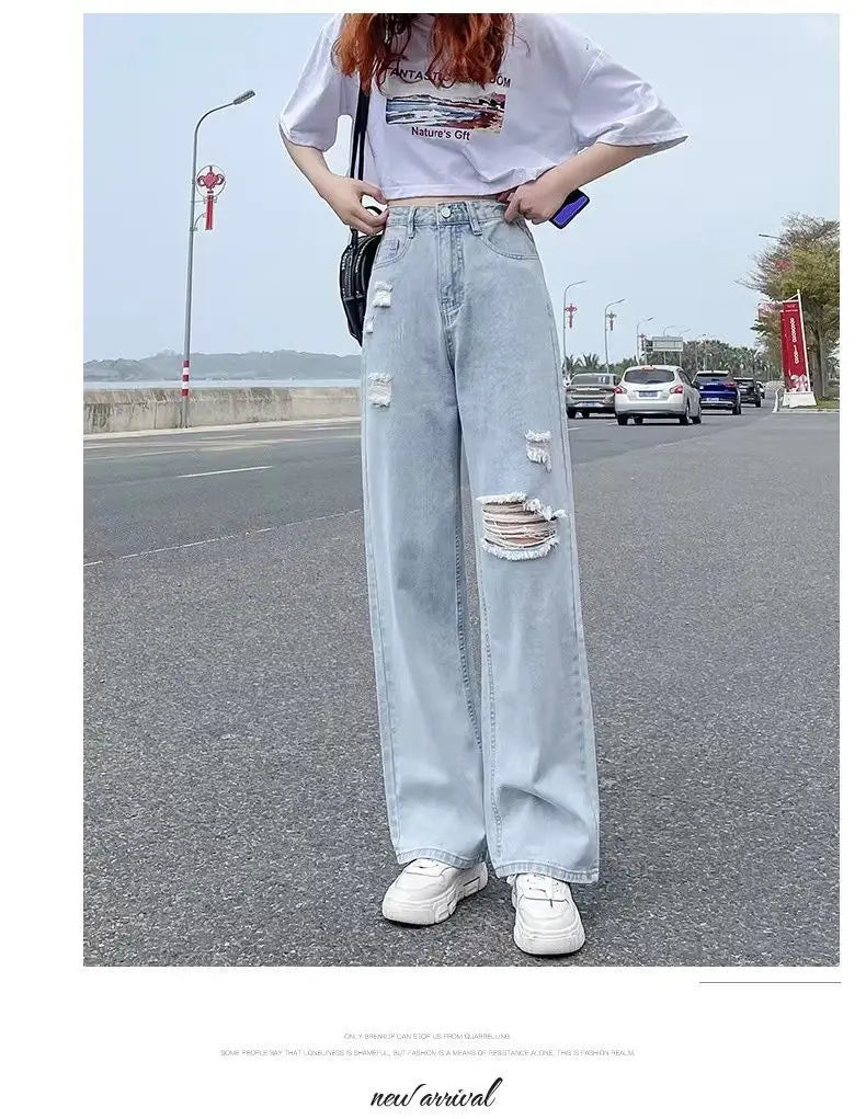 Pierced High Waist Jeans Women's Spring and Summer Thin Straight Tube Loose 2022 New Fashion Casual Thin Wide Leg Pants