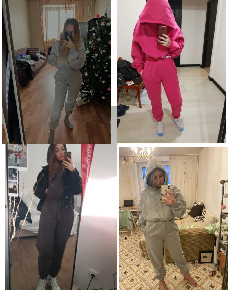 Women's fleece hoodies suit tracksuit in solid colors for autumn and winter, featuring a pullover sweatshirt and sweatpants set.