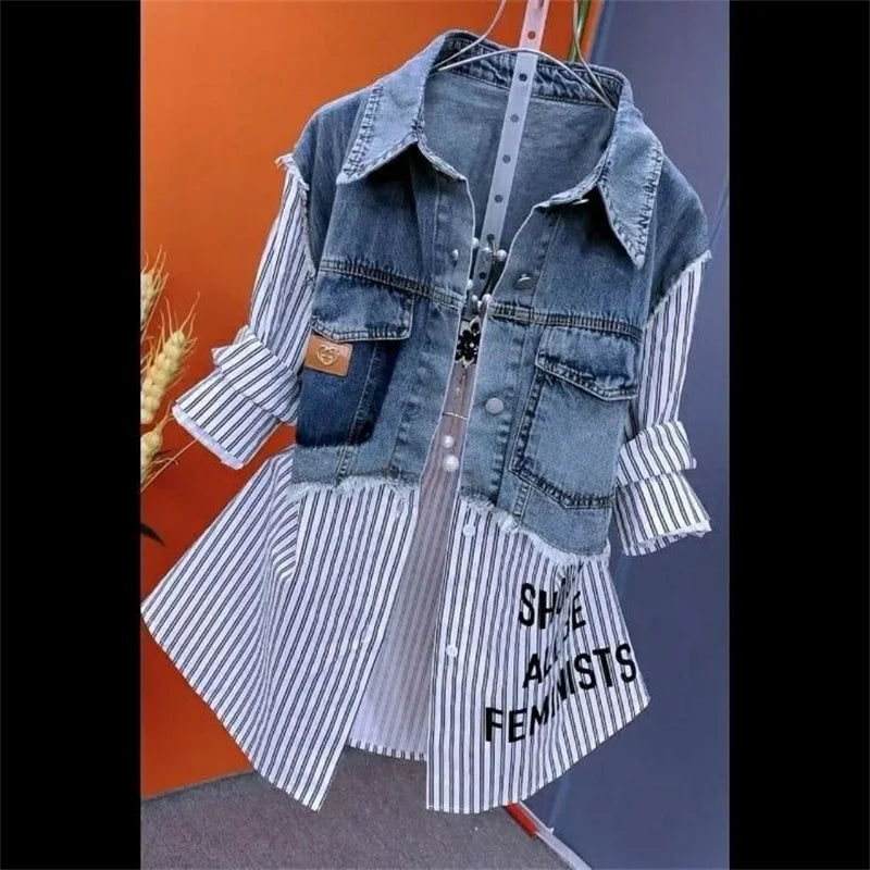 Fake Two Denim Shirts Women's Early Spring 2024 Korean Version Of Casual Western Style Joker Stitching Letter Striped Top