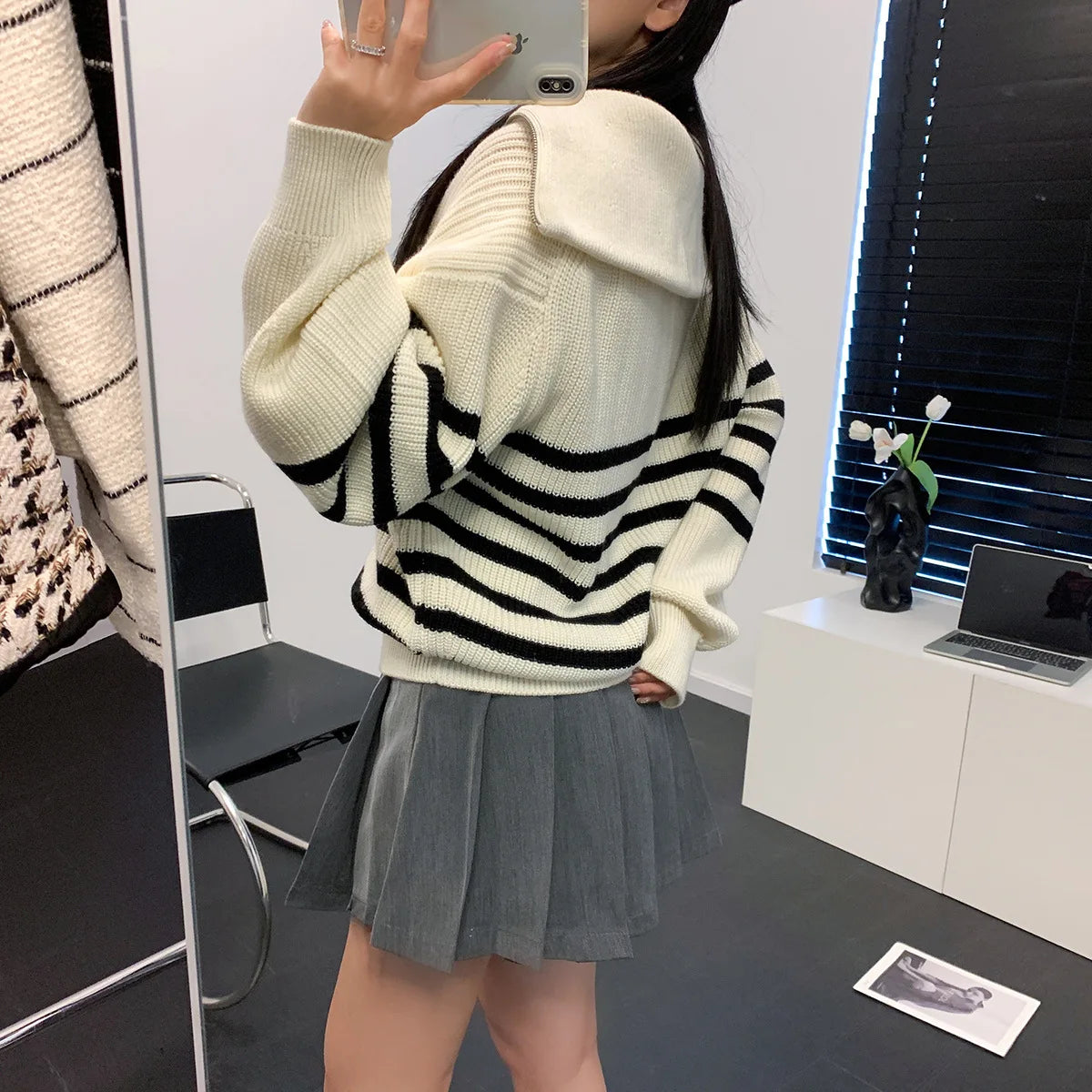 Women's Turtleneck Loose Lapel Striped Knitwear Women Pulovers New Simplicity Half Zipper Casual Fashion Women Sweaters 2024