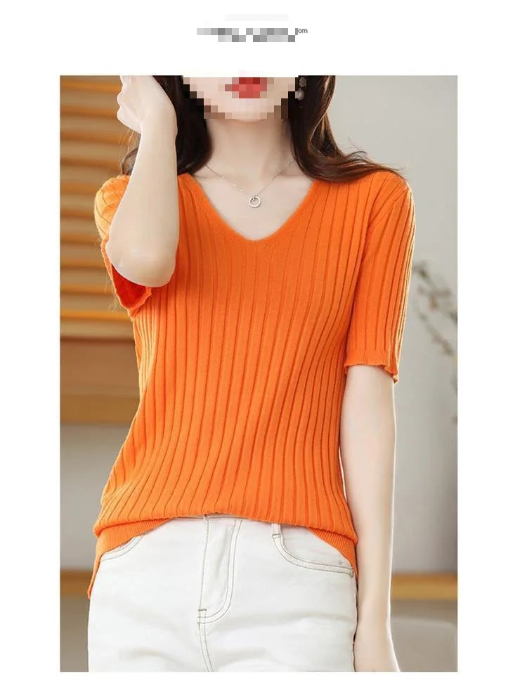 2023 New Spring Summer New Women's V-neck Short-Sleeved Exquisite Cashmere Knitted Sweater Pullover Solid Color