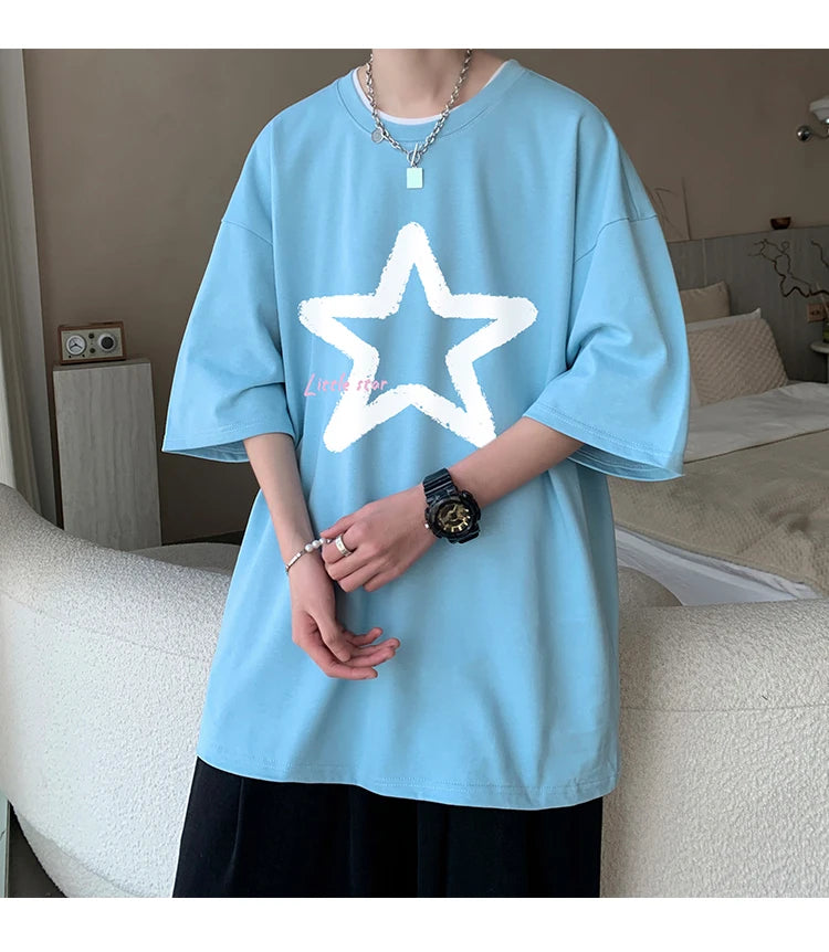 Little Star Printed Men's T Shirt Summer Fashion Casual Short Sleeve Tee Tops Mens Cotton Linen Oversized Hip-Hop T-shirt 5XL