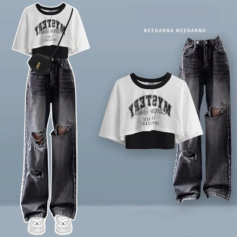 Spring/Summer Sweet Cool Set for Female Students Korean Fashion T-shirt+Personalized Ripped Jeans Two-piece Set