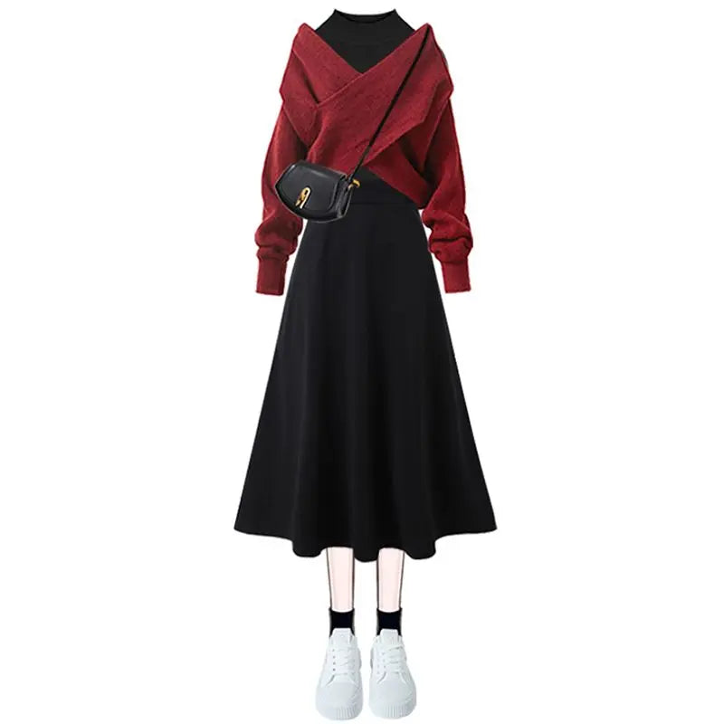 2023 Autumn/Winter New Korean Elegant Matching Set Women's Fashion Cross Knit Sweater+Bottom Shirt+Strap Dress Three Piece Suit