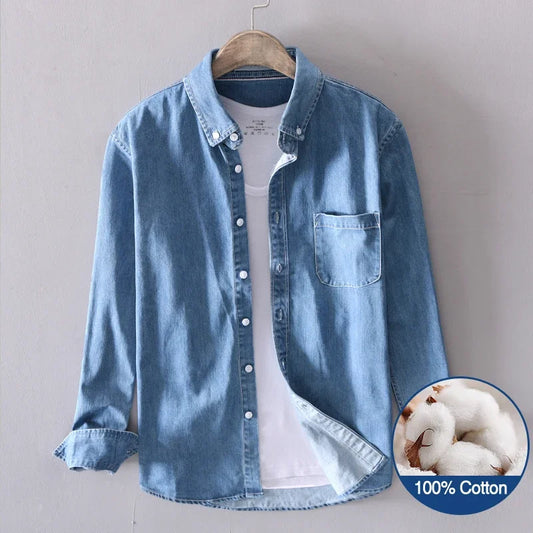 Autumn New 100% Cotton Men's Denim Shirt Casual Male Long-sleeved Shirts Street Japanese Fashion Slim Clothes Light Blue Black