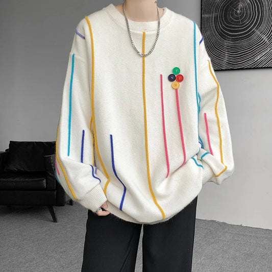 Oversized Sweaters 8XL-M O-neck Men Patchwork Color Tassels Knitted Sweater Pullover Harajuku Couples Loose Casual Knitwear