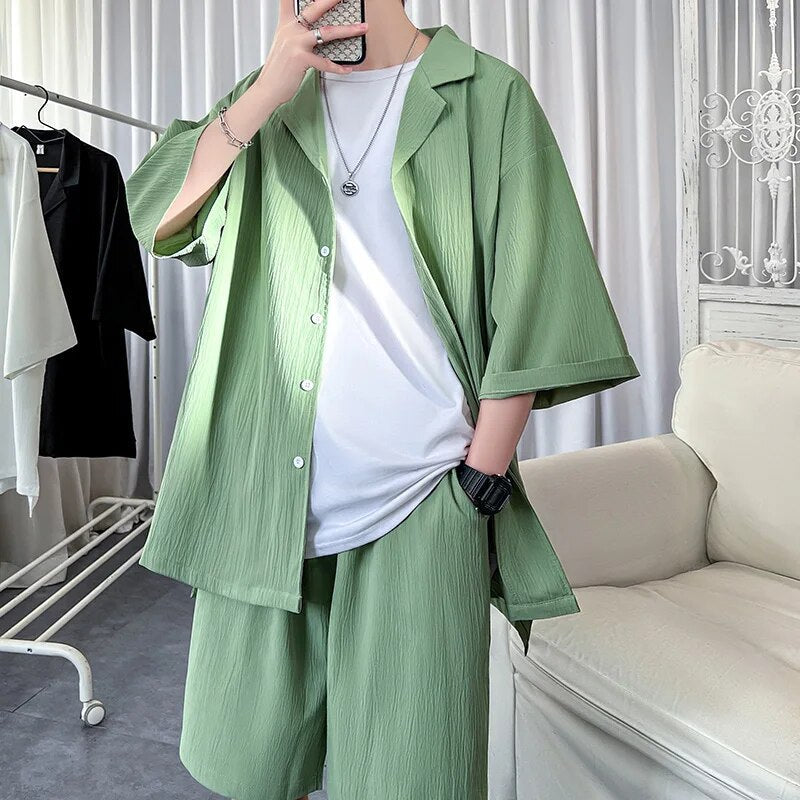 Korean style men's shirt and shorts set, summer oversized clothing, solid pattern, notched collar, green.