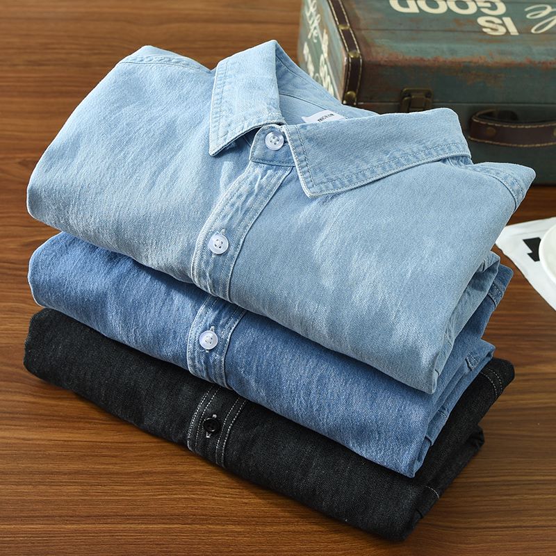 Spring Autumn men's denim shirts, soft 100% cotton, long sleeve, two pockets, casual style.