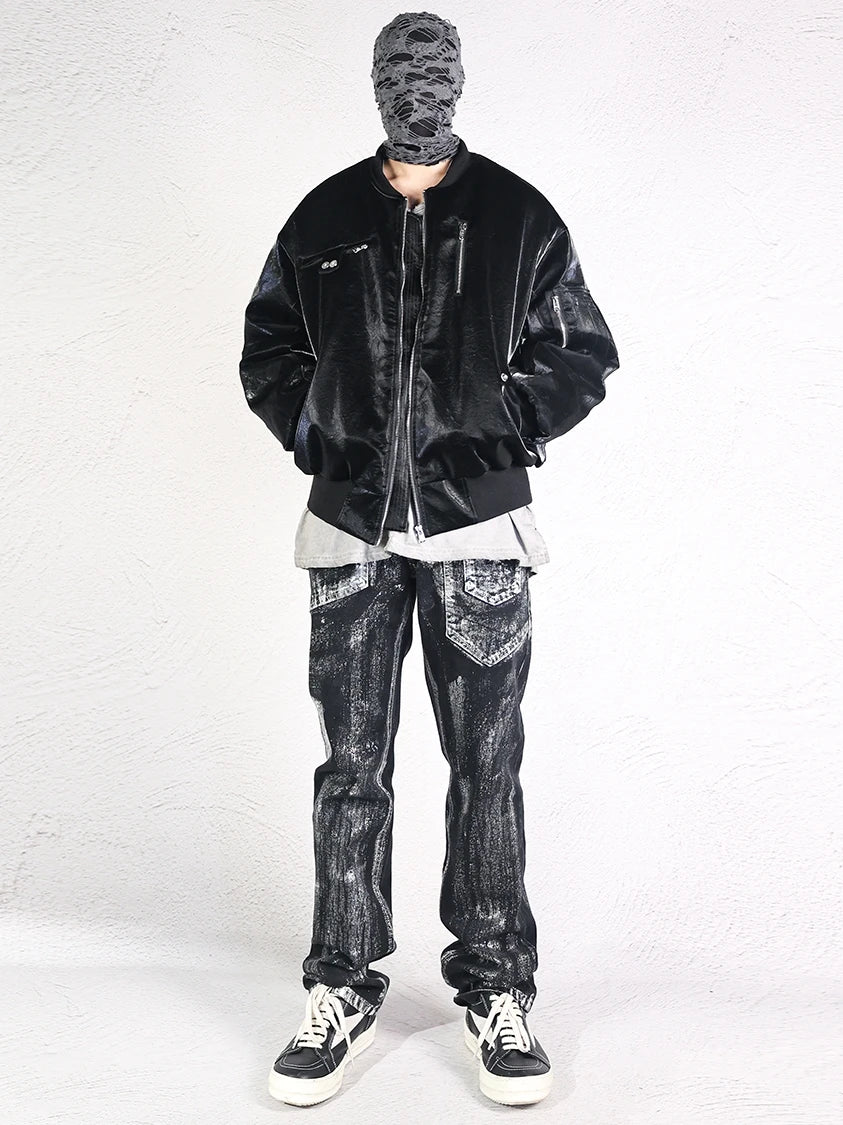 Wasteland Style Hand-Brushed Wax Coating Deconstruction Washed Distressed Jeans Vintage Vibe Techwear Men's Trousers Pants