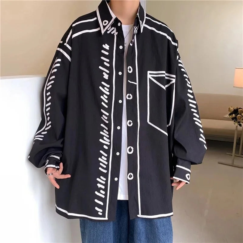 Graffiti Print Shirts Men Long Sleeve Harajuku Japanese Streetwear Preppy Designer Casual Loose Summer Couple Clothes Camisas