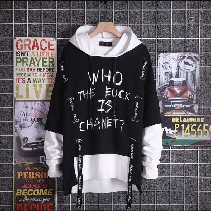 Fashion thin hoodie with letter graffiti print, casual streetwear style, featuring 'Who the f*ck is Chanet?' text, suitable for spring and summer.