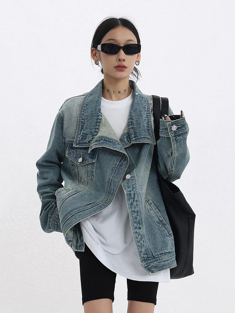 Women's Denim Coat Turtleneck Single Breasted Full Sleeve Patchwork Versatile Jacke Fashion Autumn Streetwear Denim Overcoat