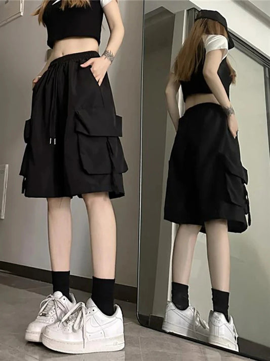 Y2K Summer Women Vintage Streetwear Korean Casual Shorts High Waist Knee Length Wide Leg Baggy Cargo Pockets Short Pants Clothes