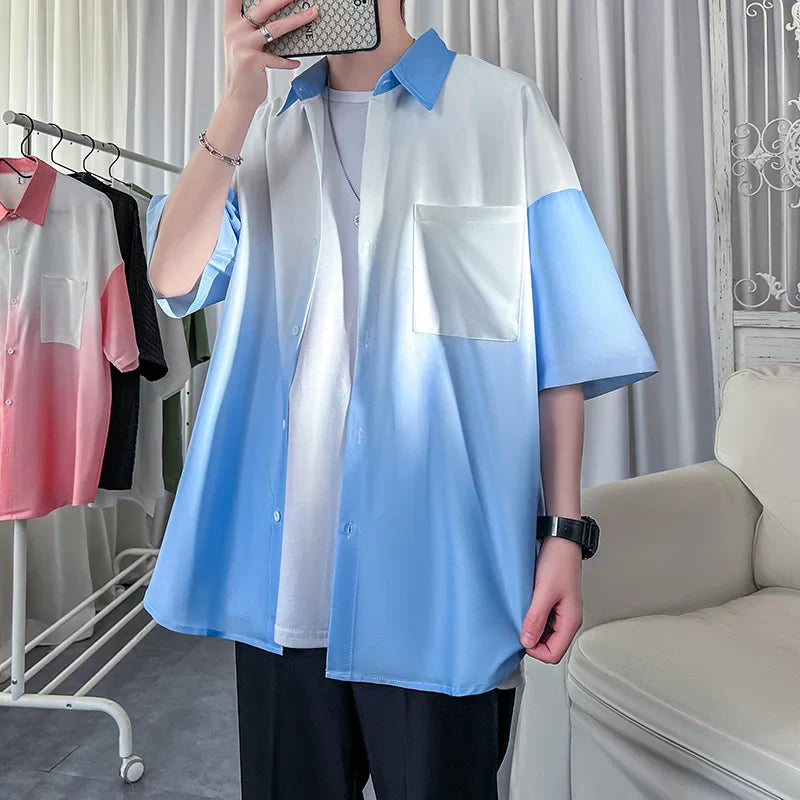 Lapel gradient loose men’s short sleeve casual shirt in blue and white, displayed on a hanger.