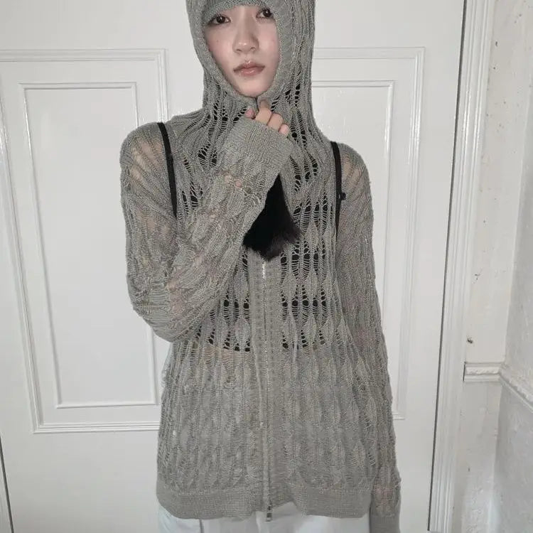 Deeptown Harajuku Zip Up Hooded Cardigan Women Japanese Y2k Style Hollow Crop Sweater Vintage Gray Thin Knitted Long Sleev Tops