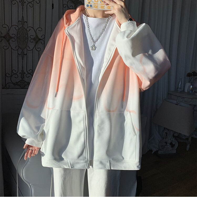 Gradient men's loose Korean cardigan sweatshirt with fleece, lantern sleeves, and O-neck style.